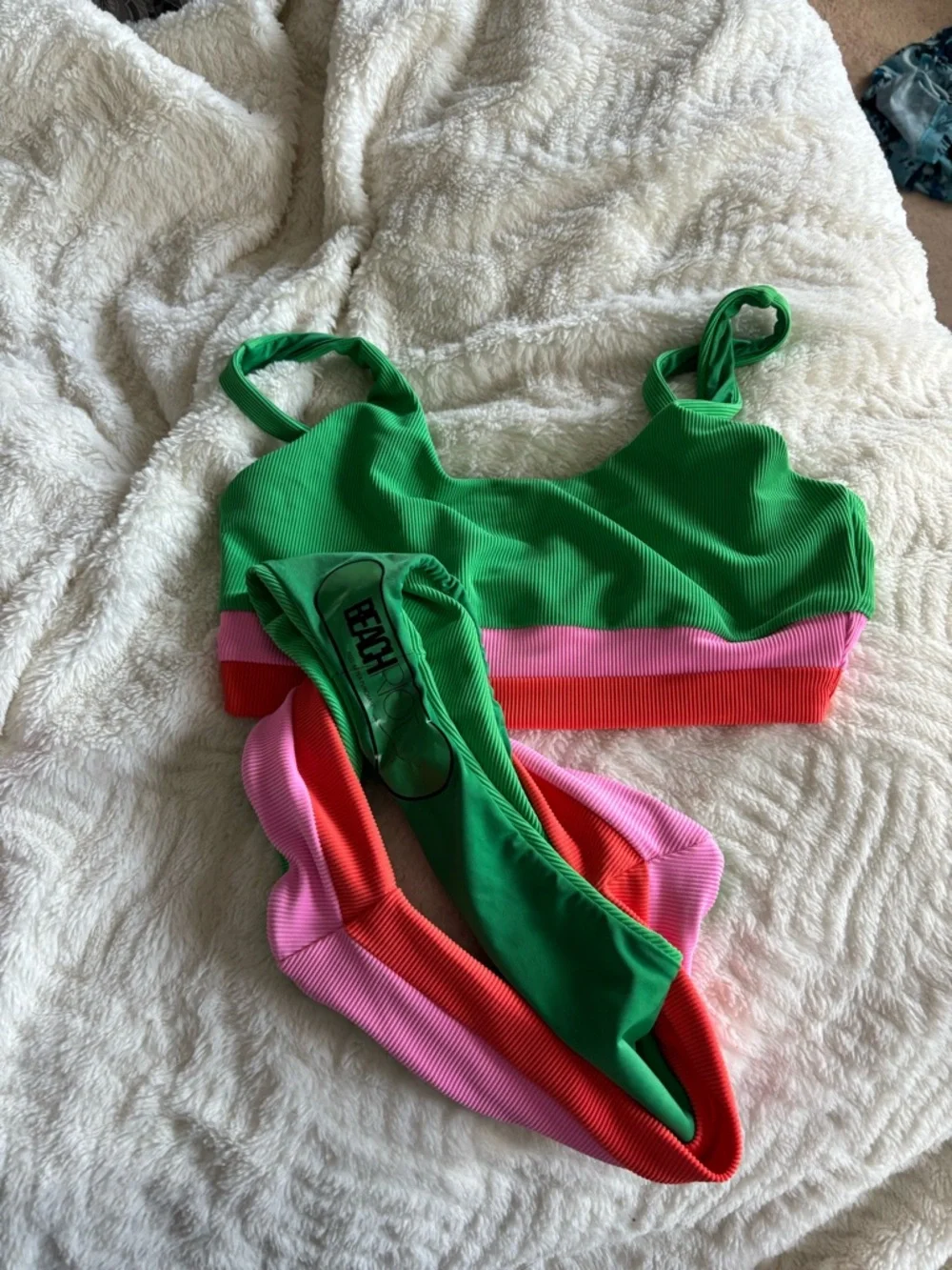 Ribbed Colorblock High-Waist Bikini in Green-L top M bottom - Picture 3 of 4
